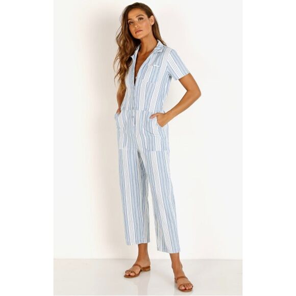 LACAUSA Indigo Striped Montana Jumpsuit Light Blue, Sz S - Picture 1 of 12